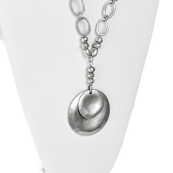 Chico's Pendant Necklace Silver Tone Modernist Double Medallion Discs Open Links - Picture 6 of 13